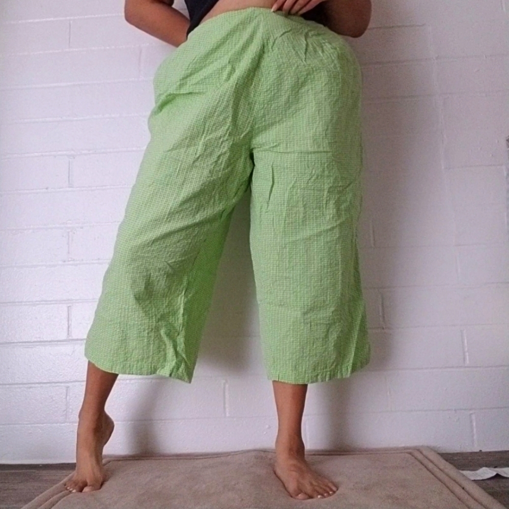 Plus size wide leg funky print plaid green pants